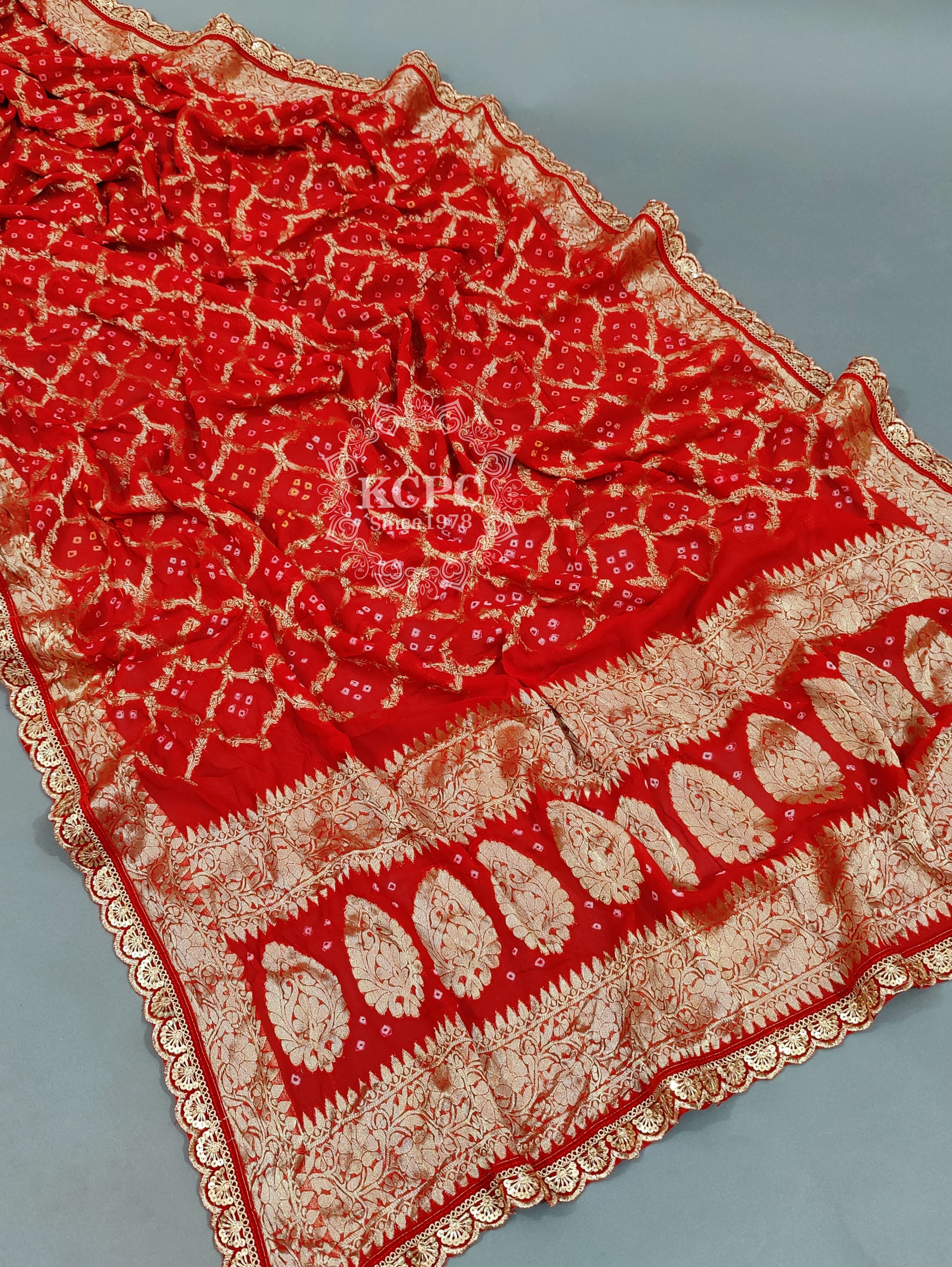 KcPc Pure Georgette Bandhani Banarsi Weaving Cut work Border Dupatta