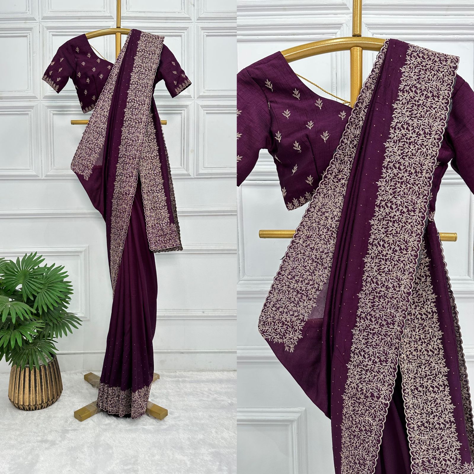 purple Vichitra silk saree with embroidery under 2000