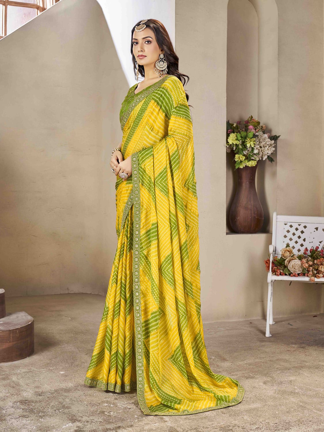 Chiffon Zig Zag foil print bandhani saree in yellow colour