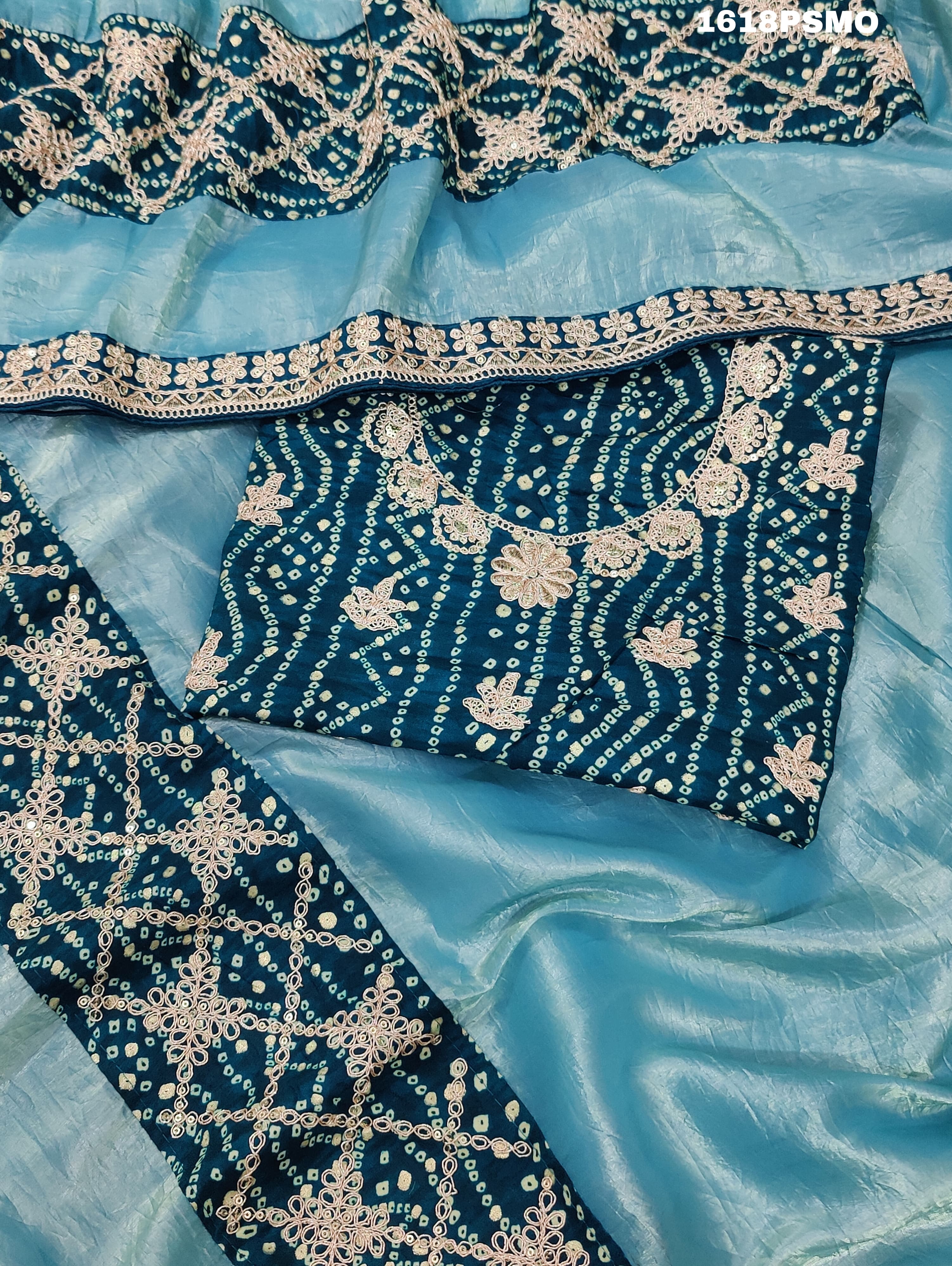 Ablue banarsi handloom bandhani saree with zari thread border and gota patti work,