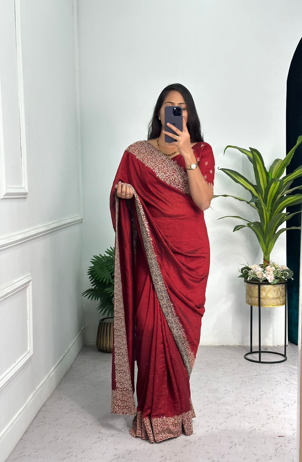 Red Vichitra silk saree with embroidery under 2000