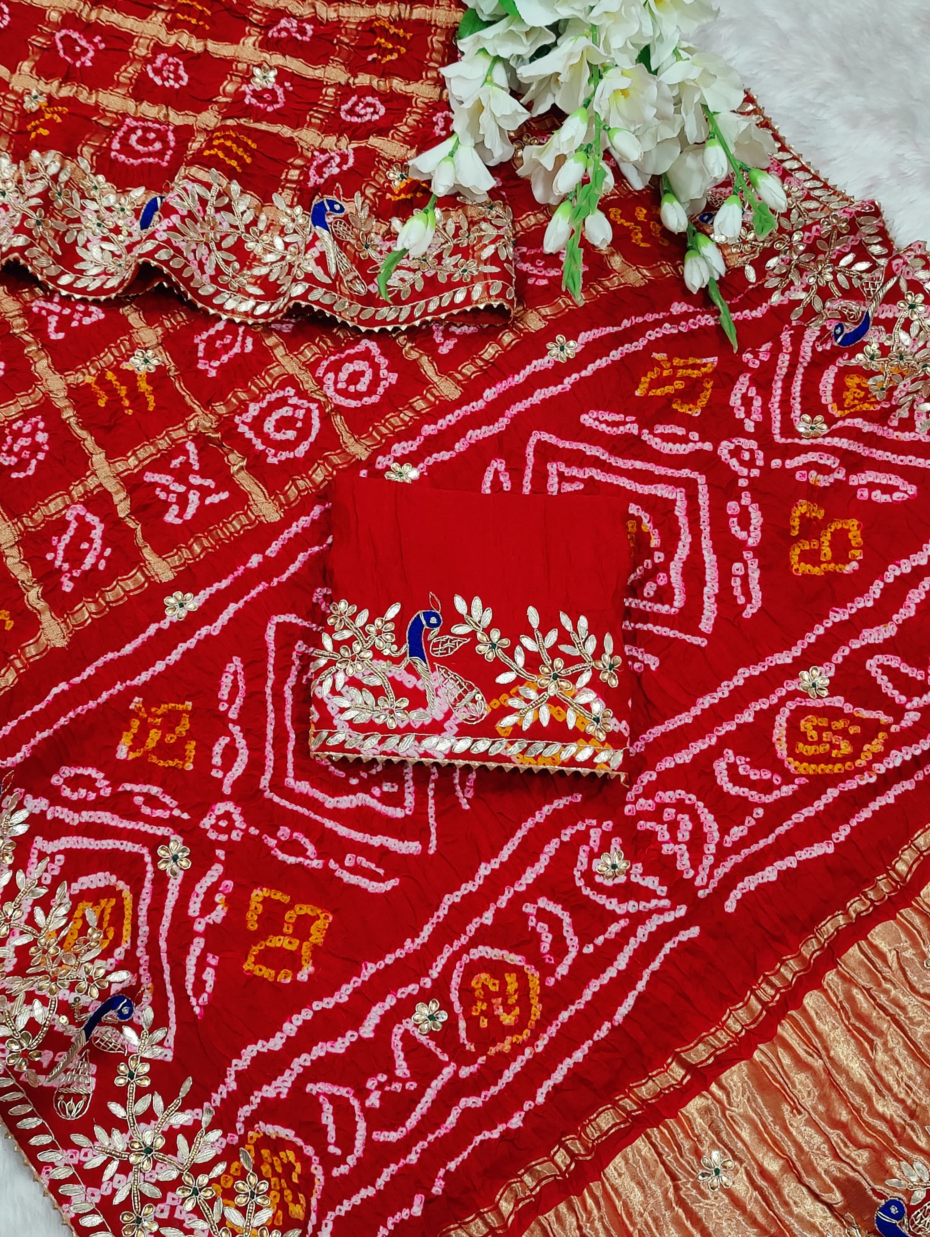 KcPc Pure Gaji Silk Bandhani Ghatchola Heavy Gotapatti Work SareeBTURed