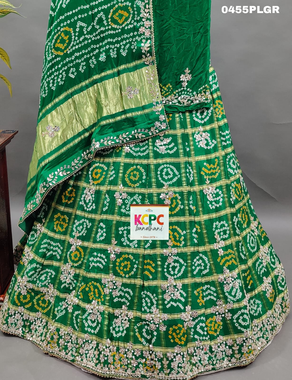 KcPc New Pure Gaji Silk Gharchola Bandhej Mirror Handwork Lehenga Set BTU