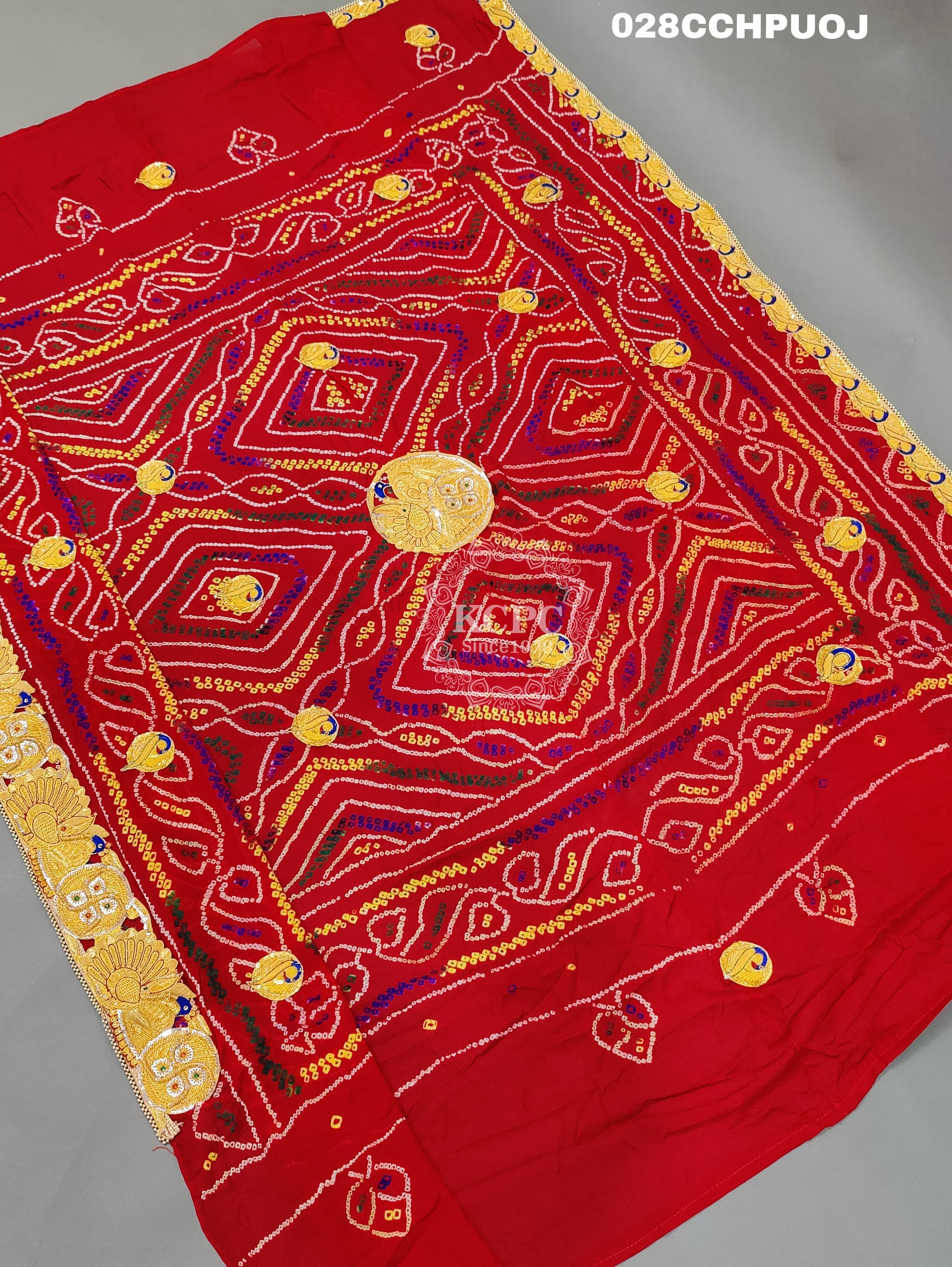 KcPc Latest Ethnic Indian Marriage Bridal Chunri Pila Odhna in peacock belbuti work Chunri (Pure Ojariya Fabric)