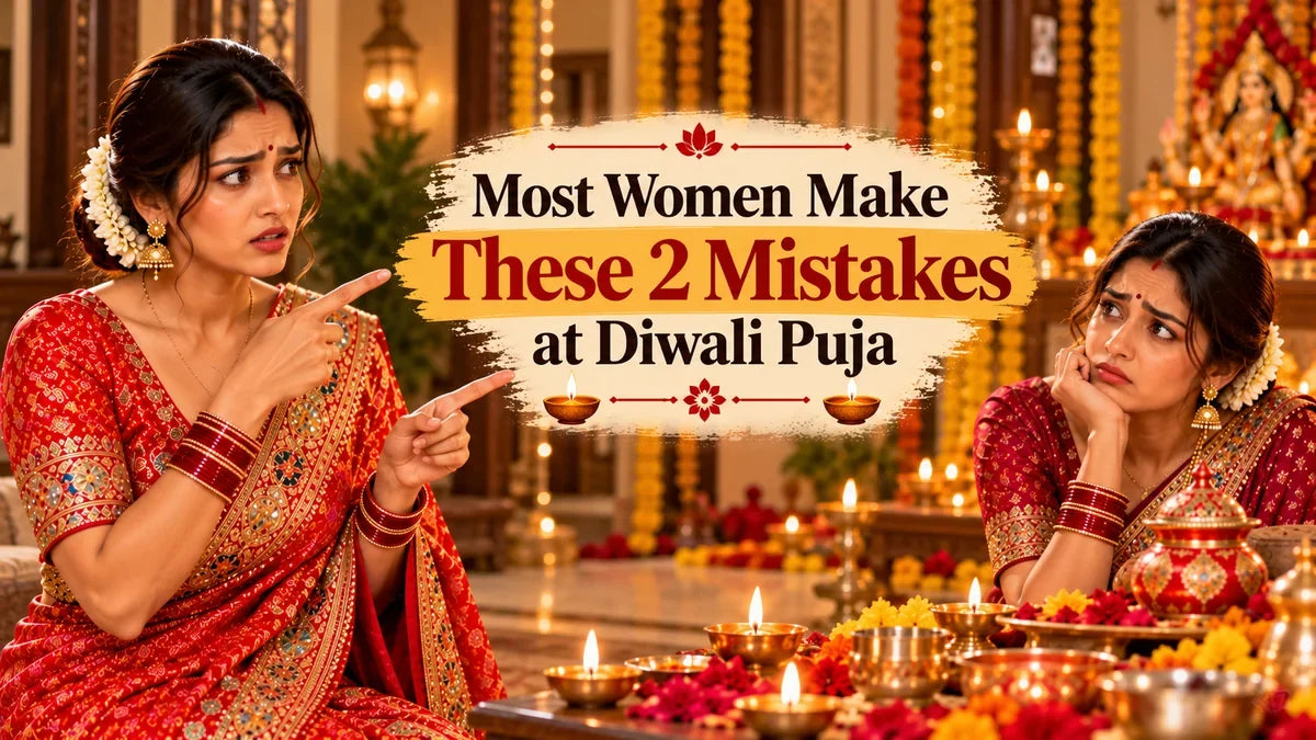 Two women in red Bandhani sarees at Diwali puja with diyas and Lakshmi idol, text reads Most Women Make These 2 Mistakes at Diwali Puja