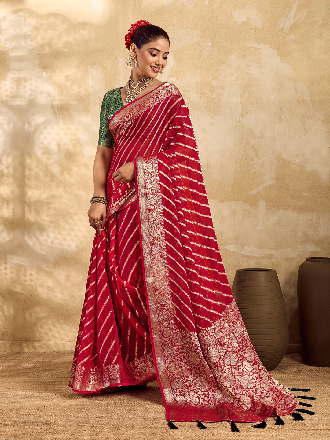 Buy New Pure khaddi Georgette Banarasi Handloom Leheriya Zari Weaving Saree