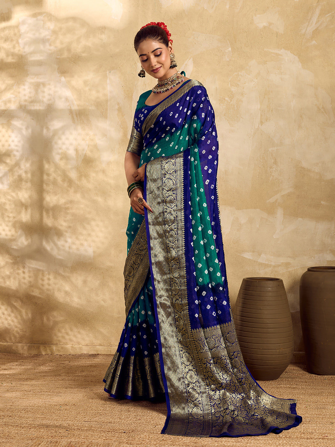 New Viscos Silk Bandhani Saree With Zari Border kcpc sam Rama Royal Blue RBW