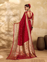  Buy red viscose silk saree with a bandhani pattern and zari border.