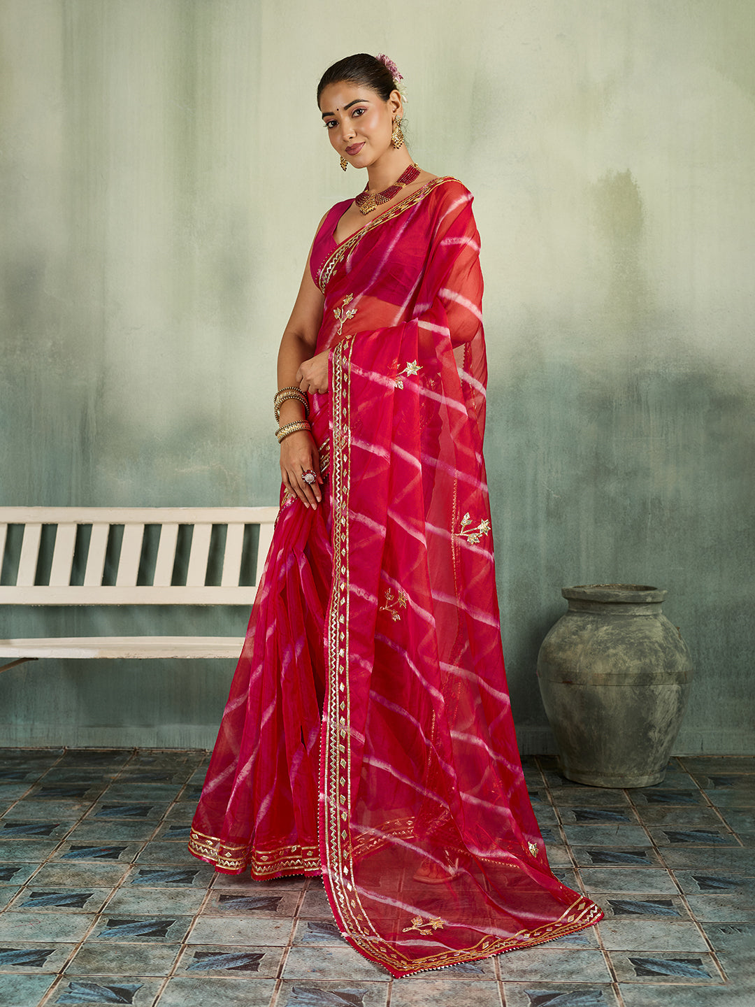 KcPc New Latest Organza Leheriya Style With Gotapatti Work Saree MHS