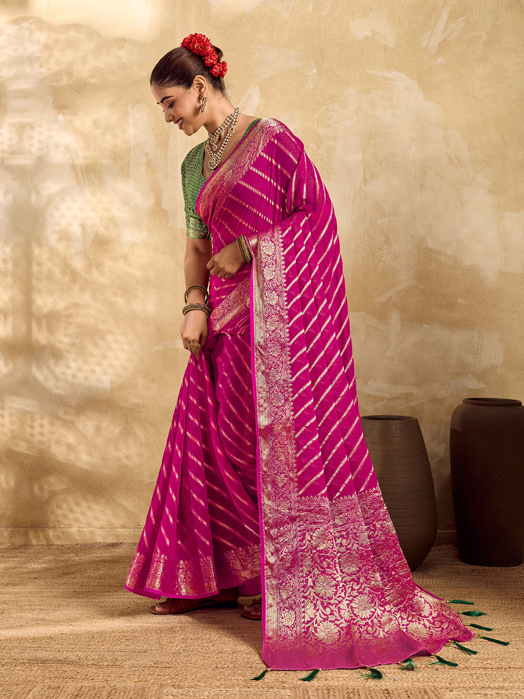 KcPc Pure khaddi Georgette Banarasi Handloom Leheriya Zari Weaving SareeMAHA