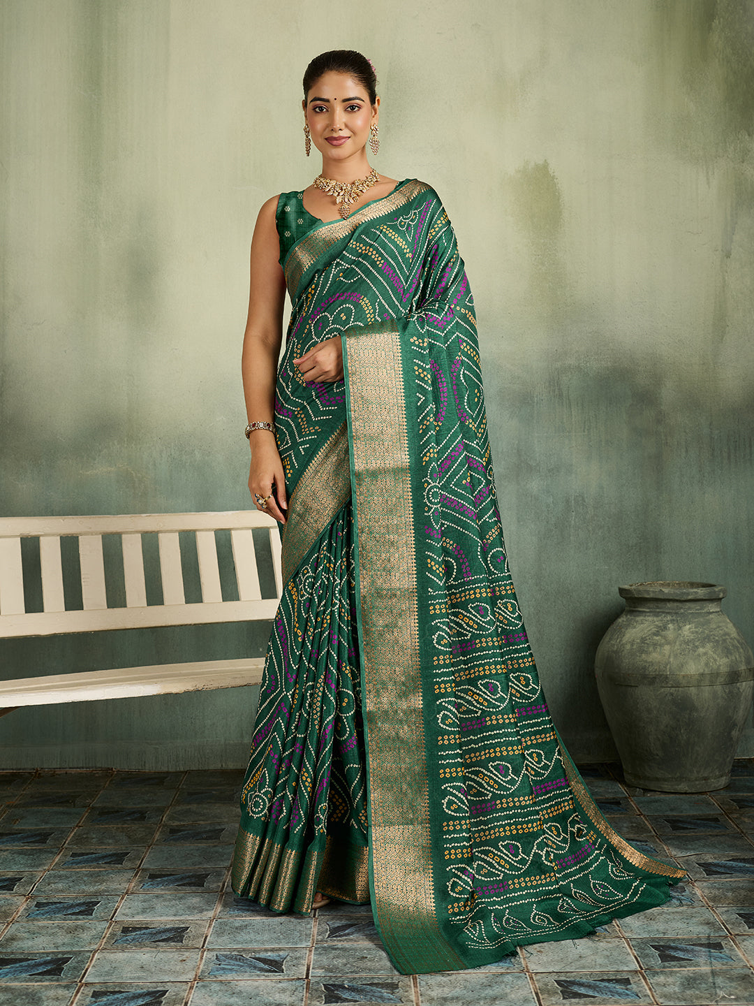 KcPc New LatestCotton Silk Bandhani Style With Zari Border Work Saree STL