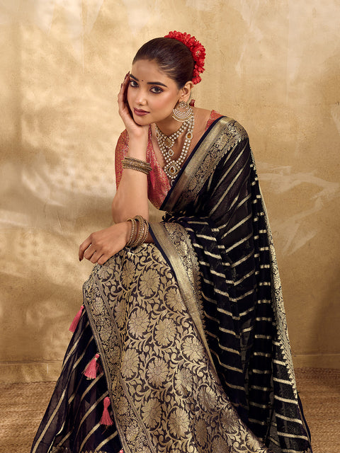 Buy  New Pure khaddi Georgette Banarasi Handloom Leheriya Zari Weaving Saree