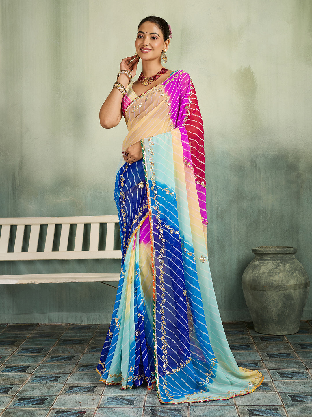 KcPc New Launch Georgette Multicolour Jaipuri Gotapatti Leheriya Saree MHS