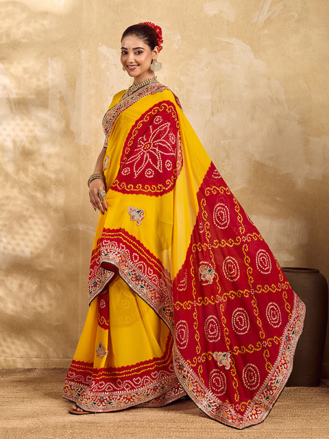 Gotapatti Work saree in rajsthani chunri peela design 