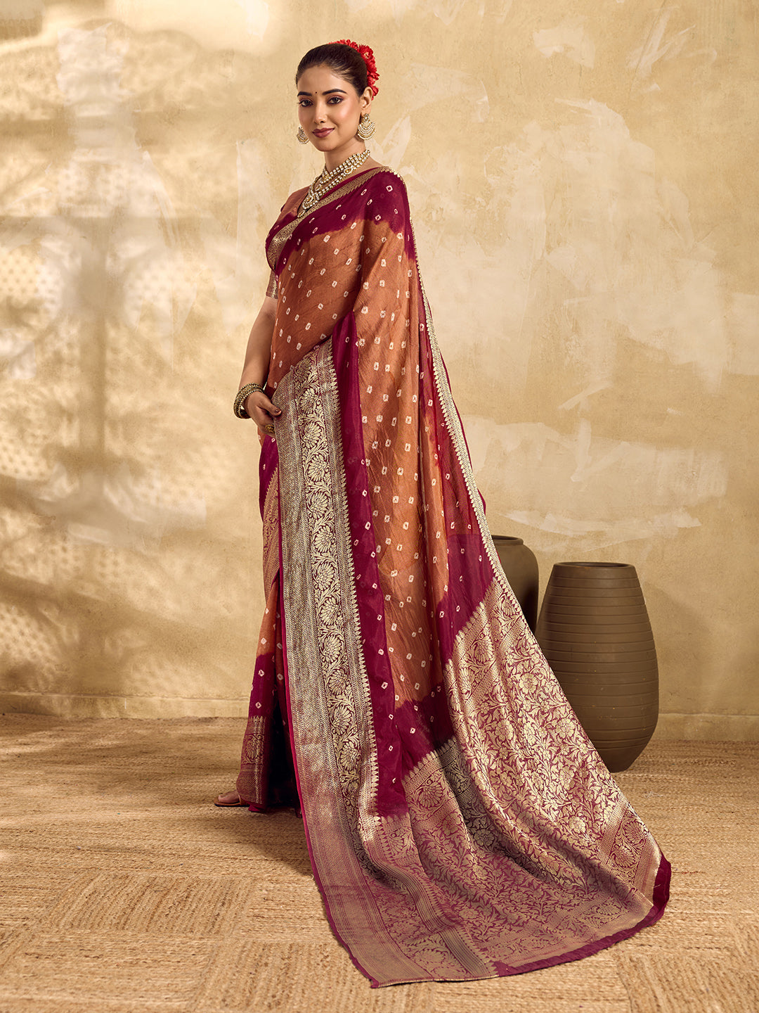  Buy silk saree for festive wear in maroon colour 