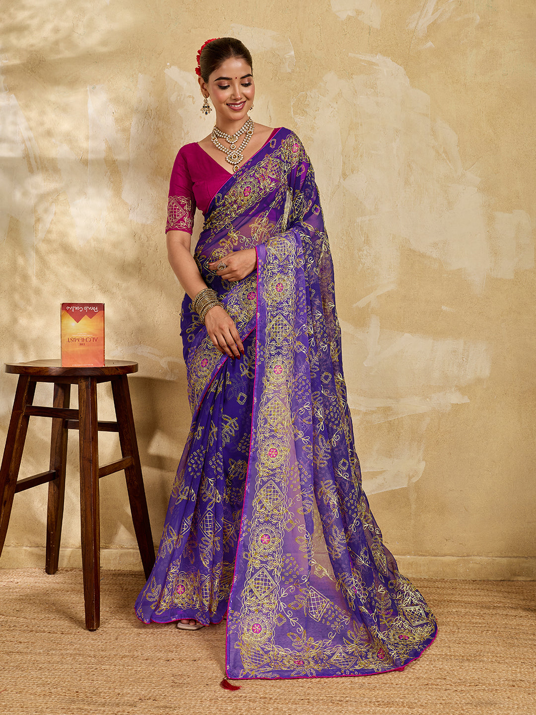 Buy Chiffon Saree Bandhani Style With Aari Work KcPc
