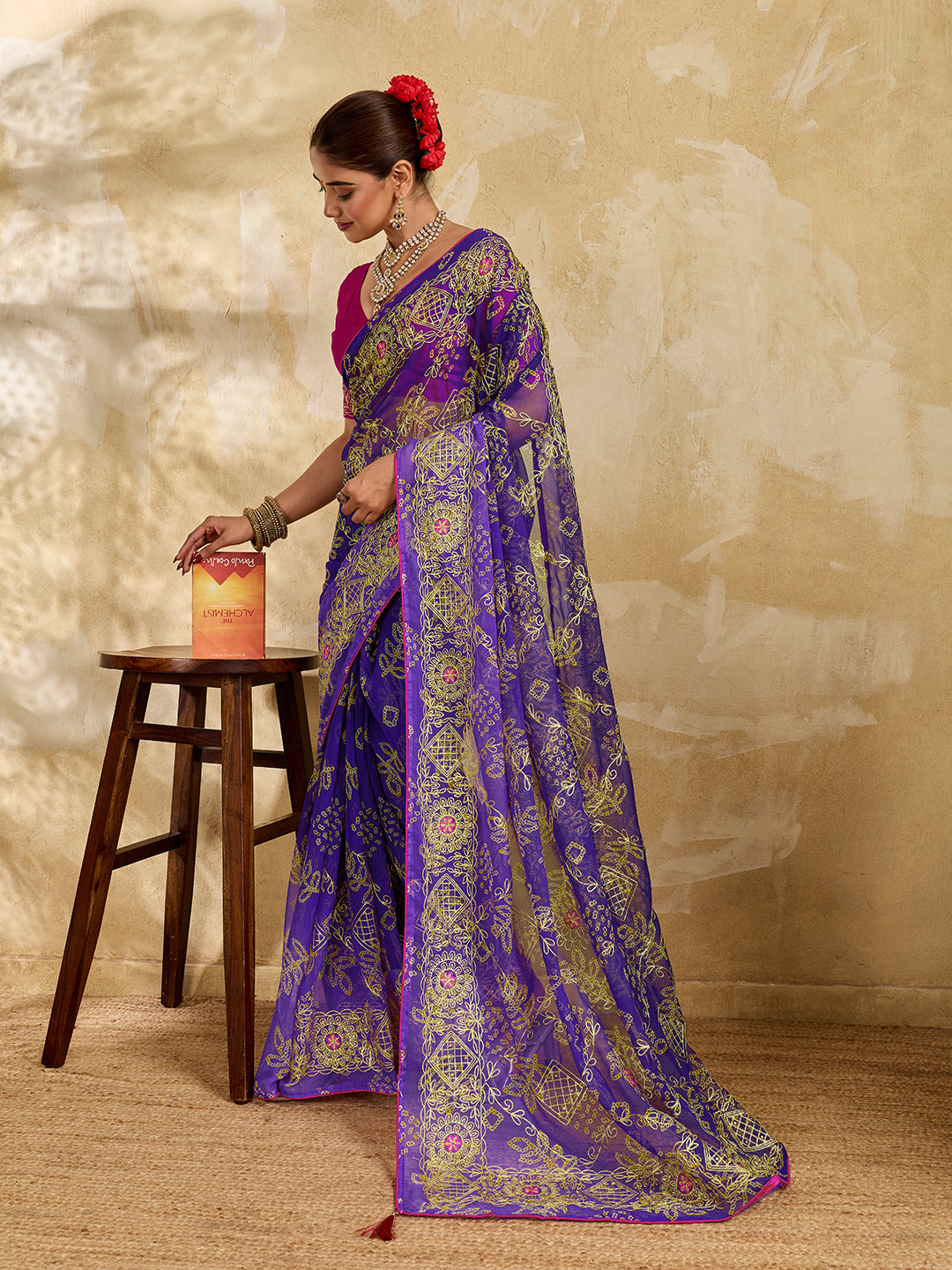 Buy Chiffon Saree Bandhani Style With Aari Work KcPc