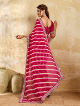  Chiffon Leheriya Style With Embroidery Border Work Saree in pink colour
