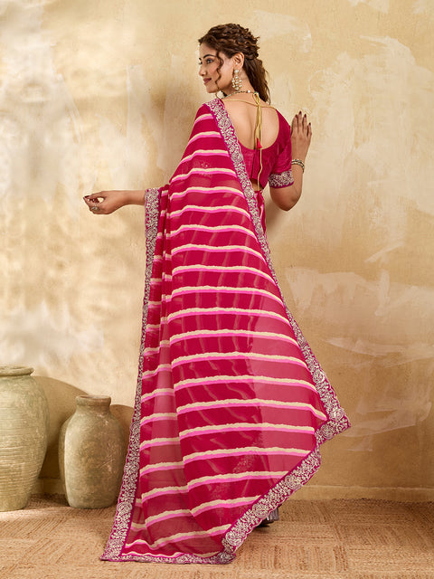  Chiffon Leheriya Style With Embroidery Border Work Saree in pink colour