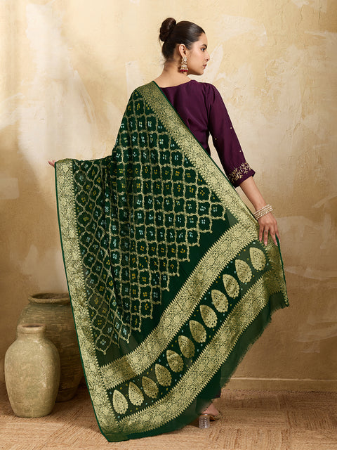 KcPc Pure Georgette Banarasi Bandhani Dupatta Bottle Green