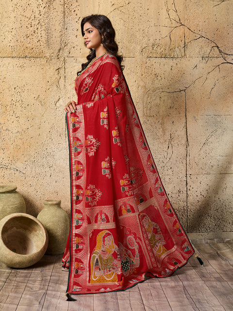  silk Dimond Work Saree in red  colour