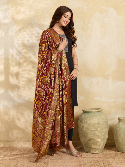 KcPc Royal Look Jacquard Silk Dupatta with Authentic Handmade Bandhani