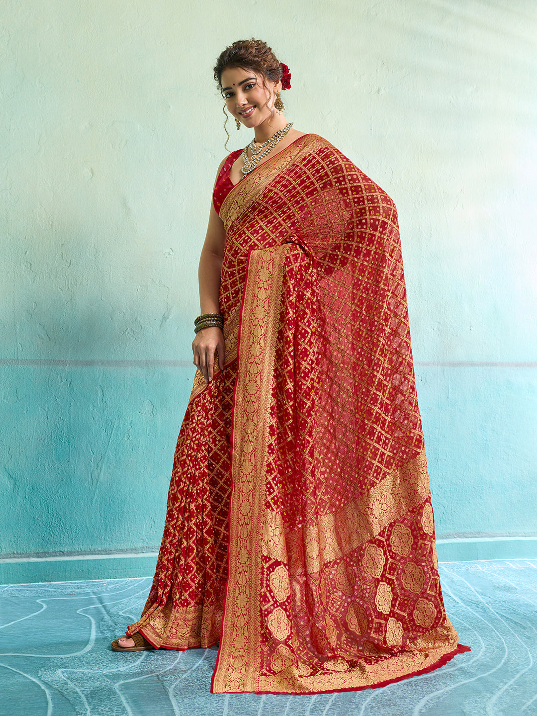 KcPc New Launch Pure Khaddi Georgette Upada Neemzari Bandhej SareeRed