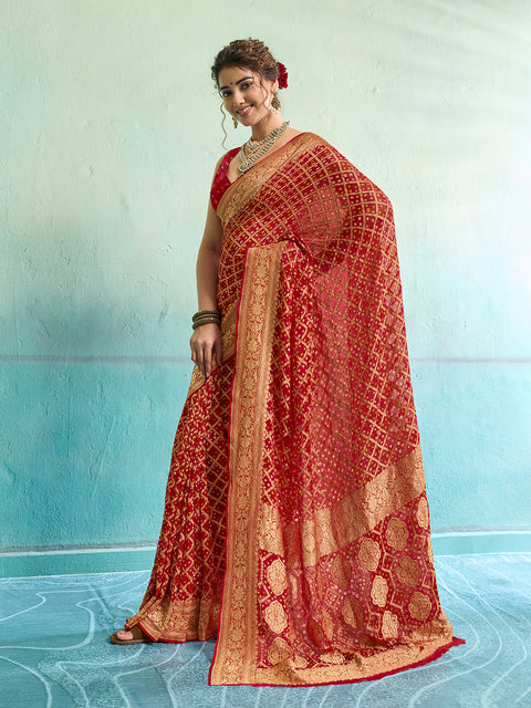 KcPc New Launch Pure Khaddi Georgette Upada Neemzari Bandhej Saree  Red