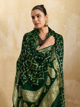 KcPc Pure Georgette Banarasi Bandhani Dupatta Bottle Green