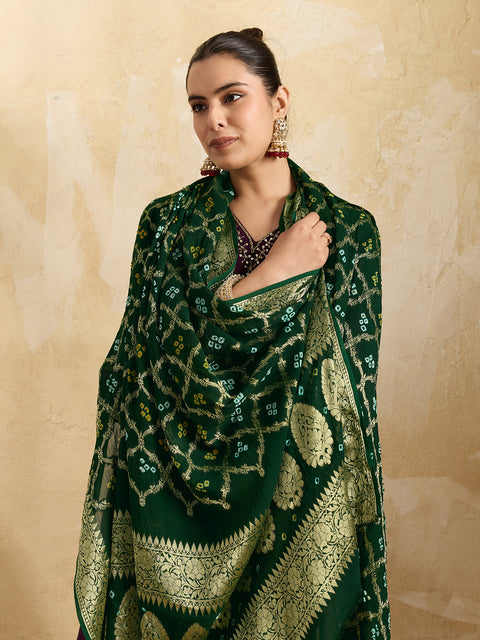 KcPc Pure Georgette Banarasi Bandhani Dupatta Bottle Green