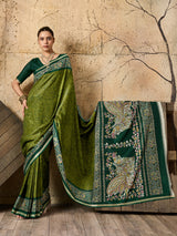 A green saree with Silk Printed Style With Zari Border Work