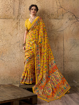 KcPc Latest handpickedpashmina silkFoil Print SareeSTR Mustard