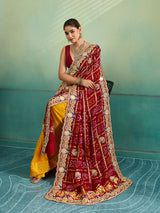 KcPc Royal Gaji Silk Bandhani Pila Chunri with Fine Zardosi Work With Silver CoinsMNL