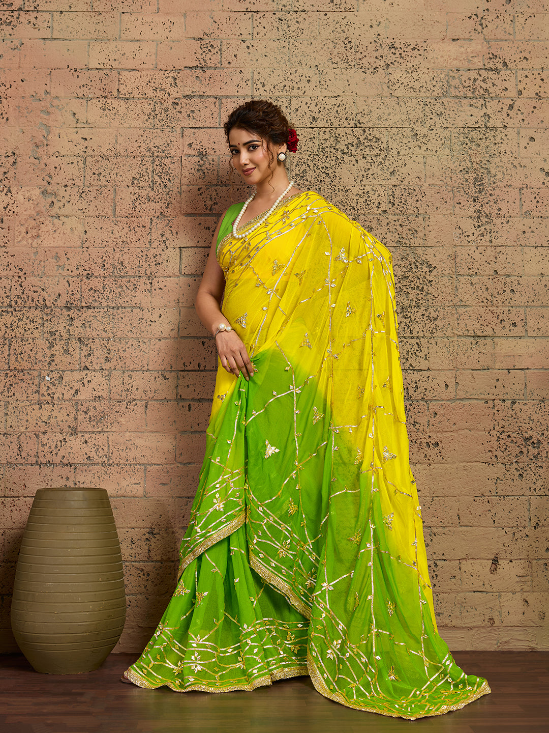 KcPc Pure Najmeen Chiffon Jaipur Hand Dye Saree with Gota Patti Work MHS