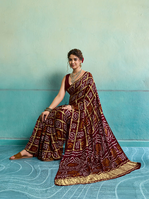 KcPc Pure Gaji Silk Bandhani Ghatchola Saree  Mehroon