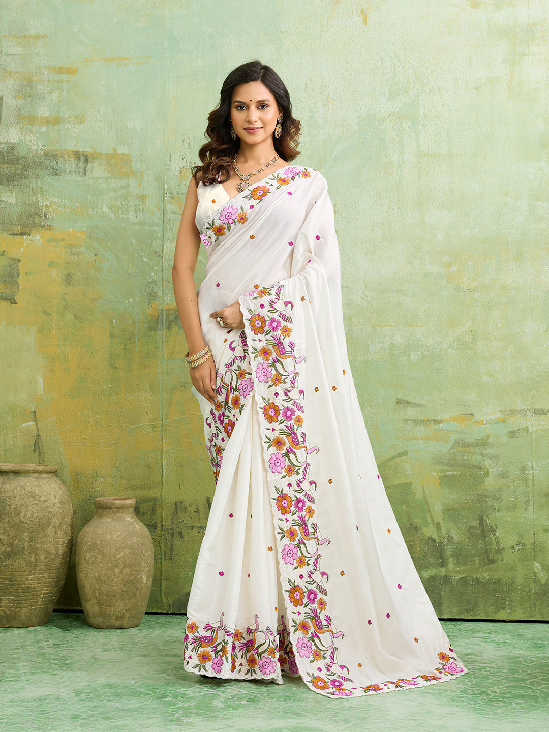 Buy Tussar Silk Saree with Beautiful Embroidery Work Kcpc