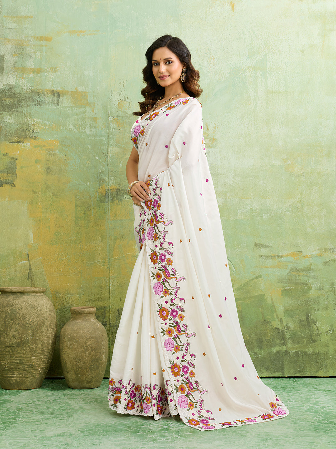 Buy Tussar Silk Saree with Beautiful Embroidery Work Kcpc