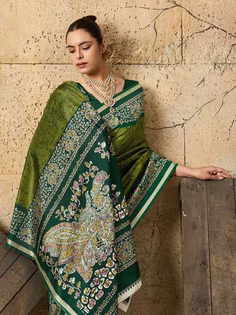 A green saree with Silk Printed Style With Zari Border Work