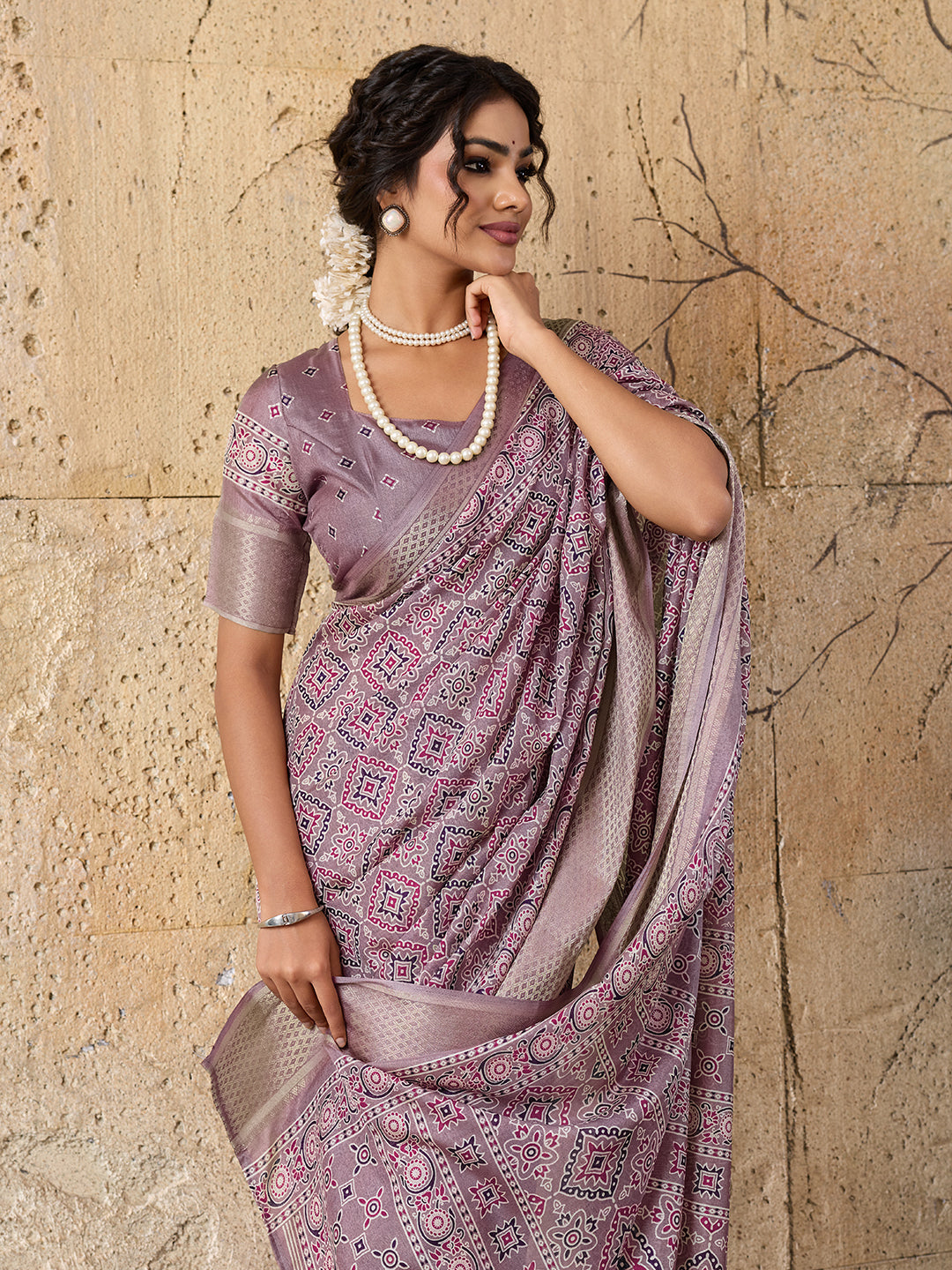 Buy Ajrakh style With Ajrakh HandPrint Work Saree
