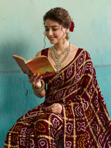 KcPc Pure Gaji Silk Bandhani Ghatchola SareeMehroon