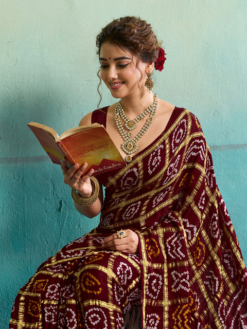 KcPc Pure Gaji Silk Bandhani Ghatchola Saree  Mehroon