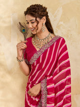  Chiffon Leheriya Style With Embroidery Border Work Saree in pink colour