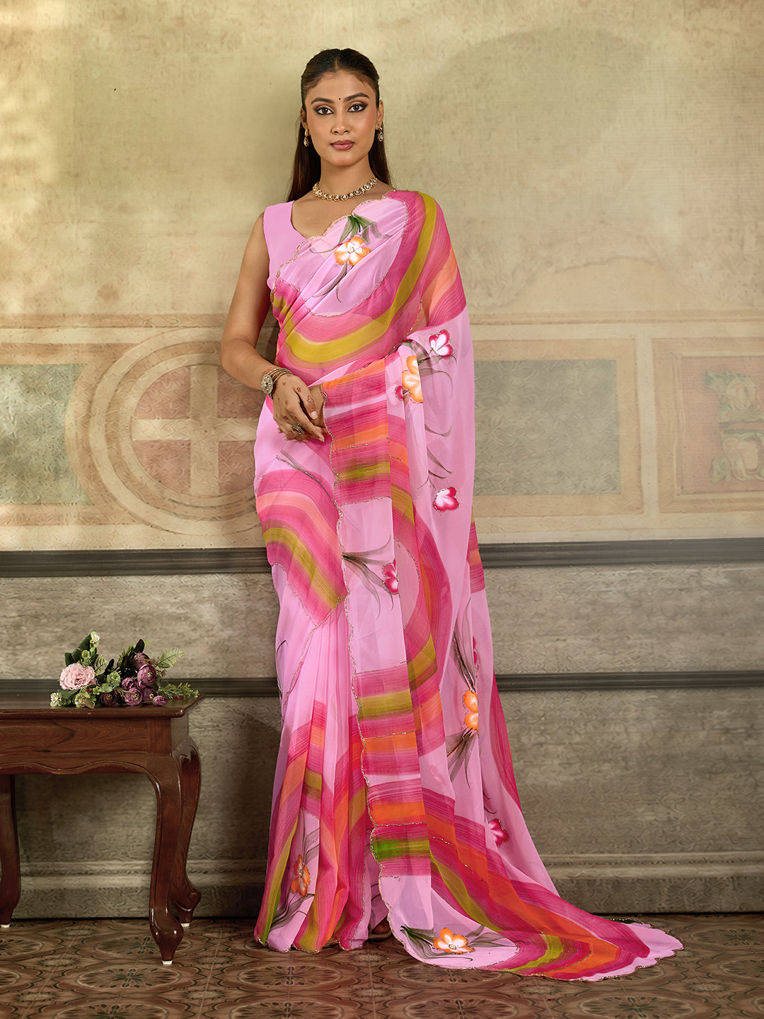 KcPc Premium Floral Handbrush Print Georgette Saree For Festive Celebrations