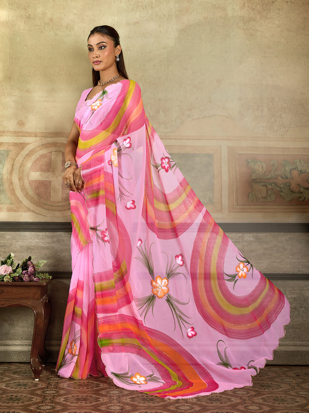 KcPc Premium Floral Handbrush Print Georgette Saree For Festive Celebrations
