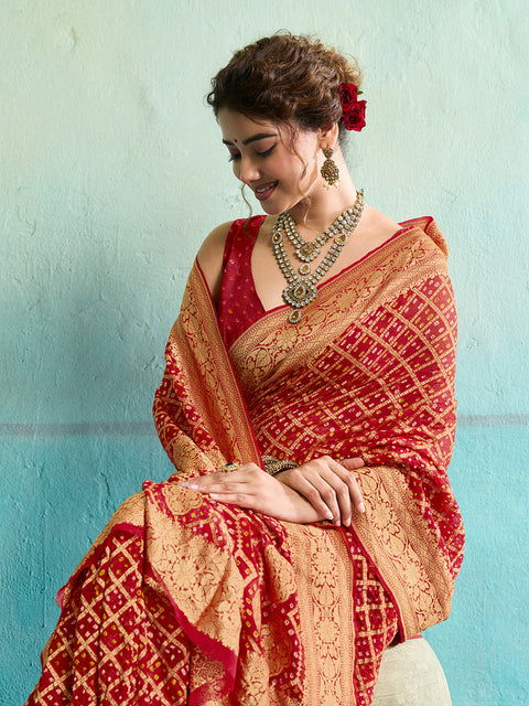 KcPc New Launch Pure Khaddi Georgette Upada Neemzari Bandhej Saree  Red