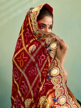 KcPc Royal Gaji Silk Bandhani Pila Chunri with Fine Zardosi Work With Silver CoinsMNL