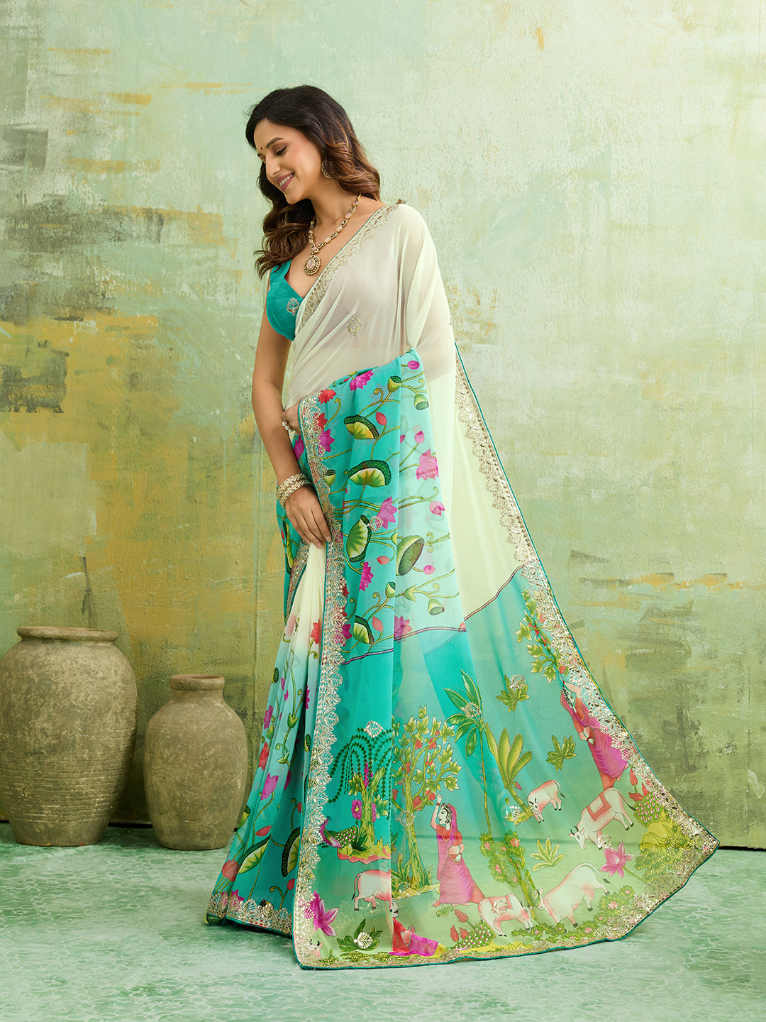 KcPc Premium Pure Georgette Saree with Stylish Sequence Gota DetailingSAN