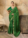 A green bandhani style chiffon georgette saree with a golden border and a matching green blouse piece, 