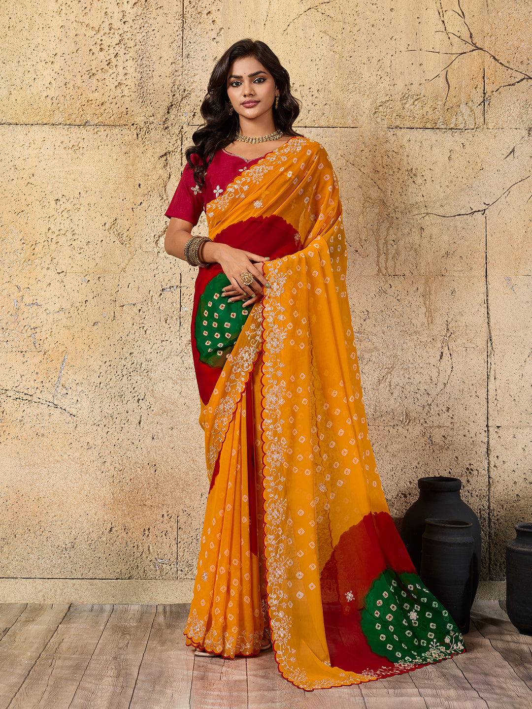 Buy Georgette Bandhani Saree With Festive Wear Kcpc