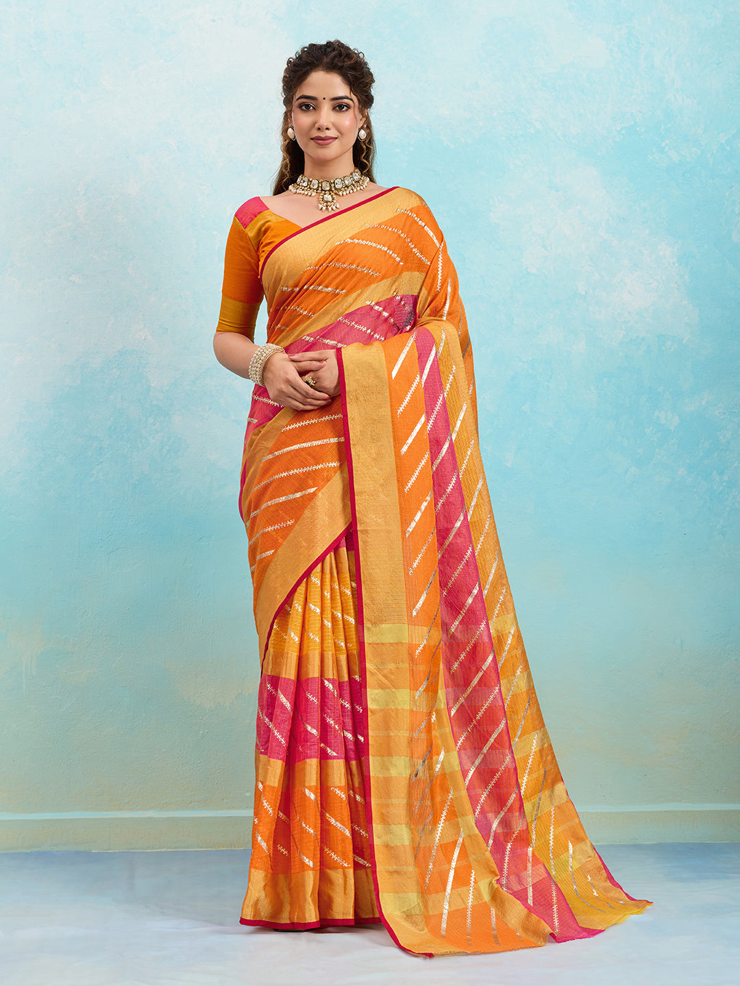 KcPc New Rajasthani Mahajani Kota doria Kashida Foil Print work SareeSWA